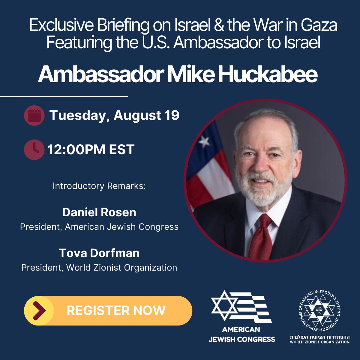 Executive Briefing on Israel and the war in Gaza featuring United States Ambassador to Israel Mike Huckabee
